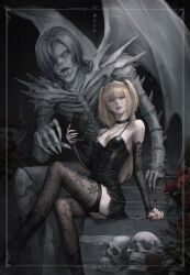 2girls absurdres aendi_en_d_endei amane_misa arm_support bare_shoulders black_choker black_dress blonde_hair breasts character_name choker cleavage commentary cross cross_necklace crossed_legs death_note death_note_(object) dress flower goth_fashion highres jewelry lace lace_legwear lace_sleeves lace_thighhighs multiple_girls necklace rem_(death_note) shinigami sitting skull slit_pupils thighhighs two_side_up