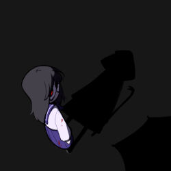 Rule 34 | 1girl, black background, black hair, blood, blood on clothes, chlorenw, crowbar, different shadow, full body, heroine (homicipher), holding, holding crowbar, homicipher, long hair, looking at viewer, looking back, mr. scarletella, red eyes, school uniform, serafuku, skirt, standing, umbrella