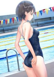 1girl absurdres adjusting_clothes adjusting_swimsuit ass bare_shoulders black_hair blue_reflection_(series) blue_reflection_maboroshi_ni_mau_shoujo_no_ken breasts competition_school_swimsuit day highres kishida_mel lane_line looking_away medium_breasts official_art one-piece_swimsuit outdoors pool profile school_swimsuit shirai_hinako short_hair solo string_of_flags swimsuit water
