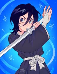 1girl amezcuosa black_hair bleach blue_background blue_eyes clothing_request commentary hands_up highres holding holding_sword holding_weapon kuchiki_rukia long_sleeves looking_to_the_side medium_hair sash solo sword waist_sash weapon