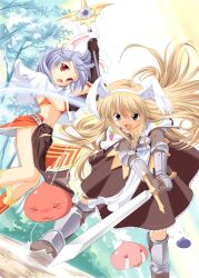 2000s_(style) 2girls :3 animal_ears armored_boots bikini bikini_top_only blonde_hair blue_hair blush boots brown_dress brown_gloves capelet commentary_request day dress elbow_gloves fake_wings feathered_wings full_body gloves grey_eyes head_wings holding holding_staff holding_sword holding_weapon long_hair mage_(ragnarok_online) midriff multiple_girls navel open_mouth outdoors pelvic_curtain poring rabbit_ears rabbit_girl ragnarok_online red_bikini red_eyes red_skirt seminoyu short_hair showgirl_skirt skirt sky slime_(creature) staff swimsuit sword swordsman_(ragnarok_online) weapon white_capelet white_sky wings
