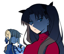 2girls artoria_pendragon_(fate) blonde_hair blue_dress blue_eyes braid braided_bun brown_hair dress eating fate_(series) food food_on_face frown gloves green_eyes hair_bun henriiku_(ahemaru) looking_at_viewer multiple_girls onigiri puffy_sleeves red_sweater rice rice_on_face saber_(fate) shaded_face simple_background sweater tohsaka_rin turtleneck turtleneck_sweater two_side_up upper_body white_background white_gloves