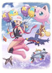 1girl absurdres alternate_color ass beanie black_socks blue_hair blush boots border creatures_(company) dawn_(pokemon) drifloon game_freak garchomp gen_1_pokemon gen_4_pokemon hair_ornament hairclip hat highres holding jigglypuff kneehighs long_hair lopunny magnezone mountain nintendo no_panties open_mouth outdoors pink_boots pink_skirt pokemoa pokemon pokemon_(creature) pokemon_dppt purple_eyes rotom rotom_(normal) scarf shiny_and_normal shiny_pokemon skirt sleeveless socks staravia thighs white_border white_headwear