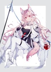 1girl absurdres animal_ear_fluff animal_ears arknights black_dress boots breasts cleavage closed_mouth dress earmuffs highres jacket long_hair medium_breasts official_alternate_costume pantyhose pink_eyes pink_hair pozyomka_(arknights) pozyomka_(snowy_plains_in_words)_(arknights) qianqianjie solo tail very_long_hair white_boots white_jacket white_pantyhose wolf_ears wolf_girl wolf_tail