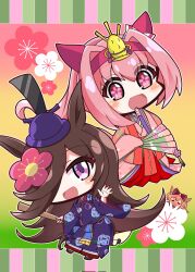 3girls :d animal_ears black_shoes blue_hat blue_kimono blush brown_hair chibi chibi_only commentary english_commentary flower flower-shaped_pupils folding_fan full_body hair_flower hair_ornament hair_over_one_eye hairband hand_fan haru_urara_(umamusume) hat highres hinamatsuri hirabitai holding holding_fan horse_ears horse_girl horse_tail japanese_clothes karaginu_mo kimono long_hair long_sleeves looking_at_viewer multiple_girls nawaneko_(ropecat3978) open_mouth outline pink_eyes pink_hair pink_kimono purple_eyes red_hairband rice_shower_(umamusume) shoes smile sokutai symbol-shaped_pupils tail tate_eboshi umamusume white_outline wide_sleeves