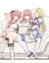 1girl 2boys :q ^^^ amanda_kenny astolfo_(fate) astolfo_(sailor_paladin)_(fate) bar_censor black_bow black_ribbon blonde_hair blush boots bow braid censored chevalier_d&#039;eon_(fate) closed_eyes commentary_request commission couch crossdressing crossed_arms crossed_legs cum detached_sleeves double_handjob ejaculation elbow_gloves fang fate/grand_order fate_(series) gloves group_sex hair_bow hair_intakes hair_ribbon handjob heart highres knees_apart_feet_together large_penis long_hair long_sleeves looking_at_another maid maid_headdress medb_(fate) mmf_threesome moaning multiple_boys navel official_alternate_costume on_couch open_mouth penis pink_eyes pink_hair pink_skirt pixiv_commission red_sailor_collar ribbon sailor_collar school_uniform serafuku short_sleeves single_braid sitting skin_fang skirt smug stomach testicles thighhighs threesome tiara tongue tongue_out trap trembling white_footwear white_skirt yellow_eyes