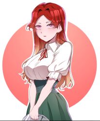 1girl blonde_hair character_request corset gradient_hair highres kortoon long_hair looking_at_viewer mallyeonyongsa multicolored_hair pink_eyes red_hair shirt short_sleeves simple_background solo standing white_shirt
