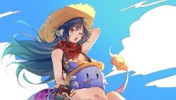 1girl arm_behind_head blue_hair blue_overalls breasts brown_gloves cloud dragon_girl dragon_horns dragon_tail fang fingerless_gloves fire flame-tipped_tail gloves grey_horns hat highres horns indie_virtual_youtuber long_hair open_mouth overalls red_scarf scarf second-party_source skin_fang sky sun_hat szainx tail vienna_(vtuber) vienna_(vtuber)_(farmer) virtual_youtuber