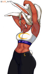 1girl abs animal_ears armpits arms_up bare_shoulders biitii black_pants blush boku_no_hero_academia breasts cleavage clothing_cutout collarbone crescent_print dark-skinned_female dark_skin highres long_eyelashes long_hair looking_at_viewer medium_breasts midriff mirko navel pants parted_bangs ponytail rabbit_ears rabbit_girl rabbit_tail red_eyes solo sports_bra tail tail_through_clothes toned twitter_username white_background white_hair white_sports_bra yoga_pants