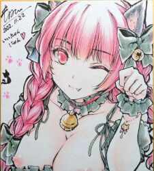 1girl alternate_costume animal_ears bell bow braid breasts cat_ears choker cleavage closed_mouth commentary_request dated dress fang fang_out frilled_choker frills green_bow green_dress hair_bell hair_bow hair_ornament heart highres jingle_bell kaenbyou_rin large_breasts light_blush looking_at_viewer monety multiple_hair_bows neck_bell nipples one_eye_closed paw_pose paw_print red_eyes red_hair shikishi short_sleeves signature smile solo touhou traditional_media translation_request twin_braids wrist_cuffs