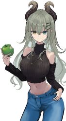1girl alternate_costume apple black_shirt black_sleeves blue_eyes blue_pants breasts brown_horns closed_mouth commentary_request cowboy_shot crop_top curled_horns demon_girl demon_horns detached_sleeves food fruit green_apple green_hair hair_ornament hairclip heterochromia highres horns large_breasts long_hair looking_at_viewer midriff nanashi_inc. navel pants pointy_ears sekishiro_mico shirt simple_background sleeveless sleeveless_shirt smile solo virtual_youtuber wasabifu white_background yellow_eyes