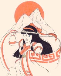 1girl ainu_clothes black_hair blue_eyes breasts fingerless_gloves gloves hair_ribbon highres large_breasts legs long_hair looking_at_viewer nakoruru open_mouth pants ribbon samurai_spirits snk solo the_king_of_fighters thighs traditional_media
