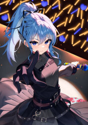1girl absurdres asymmetrical_sidelocks asymmetrical_sleeves belt black_belt black_dress blue_eyes blue_hair blue_nails chest_harness closed_mouth commentary_request concert double-parted_bangs dress gloves glowstick grey_shirt hair_between_eyes hair_ribbon harness highres holding holding_microphone hololive hoshimachi_suisei hoshimachi_suisei_(shout_in_crisis) long_sleeves looking_at_viewer medium_hair microphone mismatched_sleeves nail_polish official_alternate_costume official_alternate_hairstyle penlight_(glowstick) pleated_dress pointing pointing_at_viewer ponytail ribbon shirt single_glove smile solo star_(symbol) star_in_eye symbol_in_eye telu_(teluscarlet) turtleneck virtual_youtuber