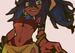1girl artist_name bandeau bikini blue_hair breasts cleavage curvy dark-skinned_female dark_skin etrian_odyssey grin highres large_breasts legs looking_at_viewer navel ponytail purple_eyes sarong shilleka smile solo swimsuit thighs thong_bikini tribal underboob