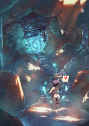 Rule 34 | 1girl, ?, absurdres, ass, backboob, bikini, black bikini, black hair, breasts, cave, from behind, hand on own head, highres, in water, lake, large breasts, looking ahead, original, portal (object), rou (rou22), short hair, solo, spoken question mark, swimsuit, thigh strap, topless female