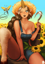 1girl bare_shoulders braid breasts brown_hair cleavage farmer flower hat highres hooves horns instant_ip kog&#039;maw large_breasts league_of_legends long_hair monster_girl naked_overalls one_eye_closed open_mouth overalls pointy_ears sickle single_horn smile soraka_(league_of_legends) speech_bubble strap_slip straw_hat sunflower thighs very_long_hair wink