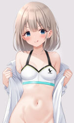 1girl :q bikini bikini_top_only blue_eyes bottomless breasts collarbone earrings frozenpile grey_hair idolmaster idolmaster_shiny_colors jewelry medium_hair navel open_clothes open_shirt serizawa_asahi shirt small_breasts swimsuit tongue tongue_out undressing white_shirt