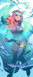 1girl 1other :&lt; absurdres android blue_eyes blurry blush bodysuit boots breasts closed_mouth disembodied_head gloves glowing glowing_eye helmet highres fairy_leviathan_(mega_man) liquid looking_at_viewer mega_man_(series) mega_man_zero_(series) monster one-eyed panties red_eyes restrained robot robot_girl slime_(substance) tanziya_(codlxcold) thigh_boots thighhighs through_clothes torn_clothes torn_panties transparent underwear vore water water_drop watermark white_gloves