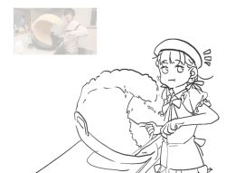 Rule 34 | 1girl, :i, apron, beret, cheek bulge, commentary request, dms, eating, food, food in mouth, fried rice, fried rice prank (meme), frilled sleeves, frills, greyscale, hachiban ramen, hachiban ramen uniform, hat, kachimachi kosuzu, link! like! love live!, looking at viewer, love live!, meme, monochrome, neck ribbon, notice lines, official alternate costume, photo inset, puffy short sleeves, puffy sleeves, reference inset, ribbon, short sleeves, solo, upper body, virtual youtuber, wok
