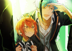 2boys aqua_hair black_bow black_bowtie black_hair black_jacket blush bow bowtie clenched_teeth collarbone commentary_request earrings fang floyd_leech grey_eyes grey_vest hair_between_eyes hand_up jacket jewelry looking_at_another looking_to_the_side male_focus multicolored_hair multiple_boys nana_tetra open_mouth red_hair riddle_rosehearts shirt short_hair single_earring skin_fang streaked_hair striped_bow striped_bowtie striped_clothes sunlight teeth twisted_wonderland two-tone_bow two-tone_bowtie two-tone_hair upper_body vest white_bow white_bowtie white_shirt yellow_eyes