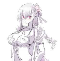 1girl breasts cleavage fate/grand_order fate_(series) highres himo jewelry kama_(fate) kama_(swimsuit_avenger)_(fate) kama_(swimsuit_avenger)_(second_ascension)_(fate) large_breasts looking_at_viewer navel necklace pink_eyes simple_background sketch solo upper_body white_background