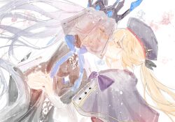 2girls artoria_caster_(fate) artoria_pendragon_(fate) blonde_hair braid crown fate/grand_order fate_(series) green_eyes hair_between_eyes half_up_braid hat highres long_hair morgan_le_fay_(fate) morgan_le_fay_(queen_of_winter)_(fate) multiple_girls ponytail sakuranull smile veil white_hair