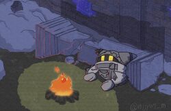 animated animated_gif brick_wall broken_pillar campfire fire gloves grey_gloves highres kirby&#039;s_return_to_dream_land_deluxe kirby_(series) magolor magolor_epilogue nijyu7 nintendo no_humans rayman_limbs solo torn_clothes twitter_username yellow_eyes
