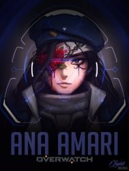 1girl aged_down ana_(overwatch) artist_request beret black_hair blood blood_drip blood_on_face brown_eyes captain_amari character_name copyright_name dark-skinned_female dark_skin facial_mark facial_tattoo female_focus flower hat highres jacket long_hair official_alternate_costume overwatch overwatch_1 portrait solo tattoo