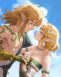 1boy 1girl absurdres aldrich.art archaic_set_(zelda) bare_shoulders blonde_hair blue_eyes blue_sky braid breasts cleavage closed_mouth collarbone commentary_request crown_braid day dress earrings elf fingernails greco-roman_clothes green_eyes hand_on_another&#039;s_shoulder highres holding_hands interlocked_fingers jewelry link long_hair looking_at_another medium_breasts nintendo outdoors pointy_ears princess_zelda secret_stone sidelocks sky strapless strapless_dress the_legend_of_zelda the_legend_of_zelda:_tears_of_the_kingdom