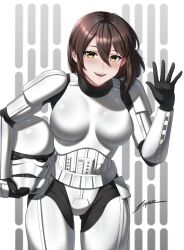 1girl black_visor breasts brown_hair galactic_empire_(star_wars) gloves helmet holding looking_at_viewer open_mouth science_fiction short_hair smile solo star_wars stormtrooper stormtrooper_helmet zxpfer