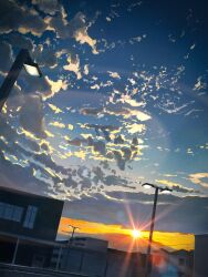 absurdres banishment blue_sky building cloud cloudy_sky commentary_request evening gradient_sky highres lamppost no_humans orange_sky original outdoors scenery sky sky_focus sunset urban