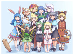6+girls aki_minoriko animal_ears antennae aqua_hair barefoot bell black_cape black_dress black_footwear black_shirt black_shorts blonde_hair blue_capelet blue_dress blue_hair border brown_dress brown_eyes brown_footwear brown_ribbon butterfly_wings cape capelet cat_ears closed_eyes closed_mouth collared_shirt crop_top dress earclip ebisu_eika eternity_larva fairy fins food fruit fruit_hat_ornament full_body goutokuji_mike grape_hat_ornament grapes green_dress green_eyes green_hair green_kimono grey_hair hair_ribbon hat hat_ornament head_fins holding insect_wings japanese_clothes jingle_bell kimono kine kurodani_yamame leaf leaf_on_head letty_whiterock light_purple_hair long_hair long_sleeves mallet mob_cap mouse_ears mouse_tail multicolored_dress multicolored_hair multiple_girls nazrin open_mouth outstretched_arms puffy_short_sleeves puffy_sleeves rabbit_ears rangycrow red_eyes red_headwear red_ribbon ribbon rumia seiran_(touhou) shirt shoes short_hair short_sleeves shorts smile socks spread_arms streaked_hair tail touhou wakasagihime white_border white_headwear white_shirt wings wriggle_nightbug yellow_shirt