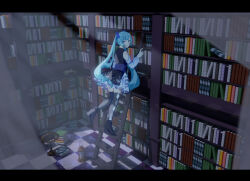 Rule 34 | 1girl, :o, absurdres, alternate design, animal print, aqua eyes, aqua hair, argyle clothes, argyle thighhighs, bare shoulders, black boots, black border, black dress, blue bow, book, book stack, bookshelf, boots, border, bow, butterfly print, checkered floor, curtains, detached sleeves, dress, frilled skirt, frilled sleeves, frills, full body, grey thighhighs, hair bow, hatsune miku, high heel boots, high heels, highres, indoors, kirina zero, ladder, lantern, leg up, letterboxed, library, light particles, long hair, long sleeves, looking at viewer, miniskirt, open mouth, puffy long sleeves, puffy sleeves, pumpkin, short dress, skirt, skirt under dress, sleeveless, sleeveless dress, solo, thighhighs, turtleneck, turtleneck dress, twintails, very long hair, vocaloid, white skirt, white sleeves, zettai ryouiki