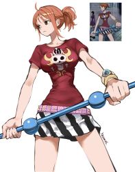 Rule 34 | 1girl, bangle, bracelet, brown eyes, clima-tact, closed mouth, commentary request, derivative work, highres, holding, holding weapon, jewelry, kasumi 6, log pose, looking to the side, nami (one piece), nami (one piece) (thriller bark), nico robin, nico robin (thriller bark), one piece, orange hair, ponytail, red shirt, screenshot inset, screenshot redraw, shirt, short hair, simple background, skirt, solo, staff, striped clothes, striped skirt, weapon, white background