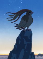 absurdres beak bird closed_eyes gen_1_pokemon highres hyogonosuke mountain nintendo no_humans outdoors pidgeot pokemon pokemon_(creature) rock sky sleeping solo star_(sky) starry_sky sunrise talons