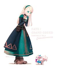 1girl belt blonde_hair copyright_name dress fate/grand_order fate_(series) fou_(fate) gerda_(fate) green_eyes hairband hand_on_own_chest jewelry long_dress looking_down necklace pouch taa_(acid)