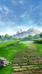 blankcoin blue_sky castle cloud commentary_request day flower forest grass nature no_humans original outdoors road rock scenery sky tower tree yellow_flower
