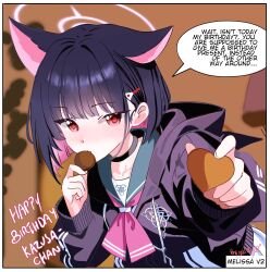 Rule 34 | 1girl, animal ears, black choker, black hair, black jacket, blue archive, blunt bangs, blush, candy, cat ears, cat girl, chocolate, chocolate heart, choker, colored inner animal ears, colored inner hair, extra ears, food, halo, heart, heart-shaped food, highres, holding, holding chocolate, holding food, jacket, kazusa (blue archive), looking at viewer, melissa v2, multicolored hair, neckerchief, pink hair, pink halo, pink neckerchief, red eyes, short hair, skirt, solo, two-tone hair, white skirt