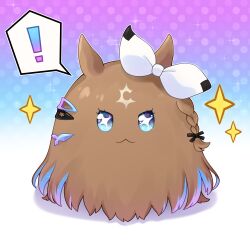 Rule 34 | !, :3, absurdres, almond eye (umamusume), animal ears, blue eyes, blue hair, bow, braid, brown hair, creature, ear bow, goom (goomyparty), gradient background, hair ornament, hairclip, highres, horse ears, looking at viewer, multicolored hair, nintendo, no humans, pokemon, polka dot, polka dot background, purple hair, single braid, spoken exclamation mark, star-shaped pupils, star (symbol), symbol-shaped pupils, umamusume, white bow