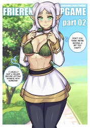 1girl alternate_breast_size bikini bikini_top_only black_pantyhose blue_sky breasts capelet closed_mouth commentary day earrings elf english_commentary english_text frieren green_bikini green_eyes grey_hair jewelry medium_breasts mixed-language_commentary outdoors pantyhose pointy_ears redjet skirt sky solo sousou_no_frieren speech_bubble swimsuit tree twintails white_capelet white_skirt