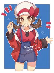 1girl blue_overalls blush bow brown_eyes brown_hair cabbie_hat cosplay ethan_(pokemon) ethan_(pokemon)_(cosplay) hat hat_bow highres jacket long_hair lyra_(pokemon) nintendo open_clothes open_jacket overalls pokemon pokemon_hgss red_jacket red_shirt ribbon shirt smile sumeragi1101 teeth twintails white_hat