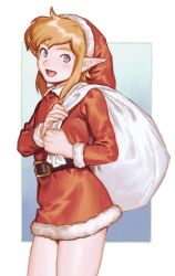 Rule 34 | 1boy, bare legs, blonde hair, blue eyes, hat, link, male focus, nintendo, pointy ears, santa costume, santa hat, simple background, smile, the legend of zelda, yone f15