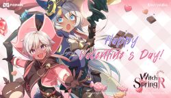 Rule 34 | 2girls, belt, black jack (witch springs), blush, book, candy, cape, chocolate, commentary, english commentary, fang, food, happy valentine, hat, high heels, highres, long hair, luna (witch springs), mage staff, multiple girls, official art, open mouth, pieberry (witch springs), pleated skirt, promotional art, red eyes, skirt, very long ears, white hair, witch hat, witch springs