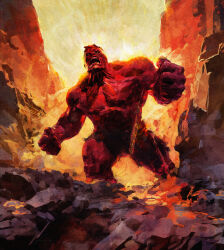 1boy abs absurdres colored_skin highres hulk male_focus marvel marvel_snap muscular muscular_male official_art open_mouth pectorals red_hulk red_skin short_hair shouting teeth topless_male viktor_farro