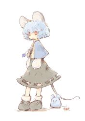 Rule 34 | 1girl, animal, animal ears, blue capelet, capelet, dress, grey footwear, grey hair, highres, jewelry, long sleeves, looking at viewer, mouse (animal), mouse ears, mouse girl, mouse tail, nazrin, open mouth, pendant, red eyes, shirt, short hair, skirt, smile, tail, touhou, undefined fantastic object, white background, yamasina009