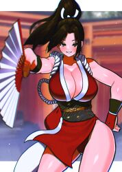 1girl breasts fan fatal_fury large_breasts ponytail shiranui_mai smile solo
