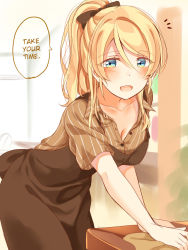 10s 1girl :d apron ayase_eli blonde_hair blue_eyes blush bow breasts brown_apron brown_bow brown_shirt cleavage cloth collarbone commentary_request female_focus hair_between_eyes hair_bow hard-translated leaning_forward love_live! love_live!_school_idol_festival love_live!_school_idol_project mogu_(au1127) notice_lines open_mouth shirt smile solo striped_clothes striped_shirt third-party_edit translated wiping
