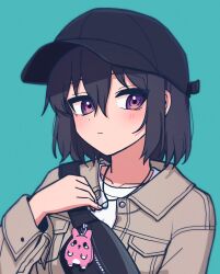 1girl bag_charm baseball_cap black_hair black_hat blue_background blush brown_jacket charm_(object) commentary hair_between_eyes hat highres jacket jewelry jin_(jinkwon1147) necklace original purple_eyes shirt short_hair solo upper_body white_shirt