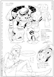 1girl absurdres bare_shoulders boots breasts character_request commentary_request glasses greyscale gundam gundam_gquuuuuux hat highres large_breasts looking_at_viewer monochrome negiuma off_shoulder short_hair solo translation_request