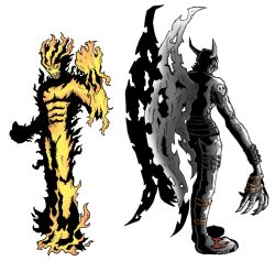 Rule 34 | demon, demon boy, devimon, digimon, digimon (creature), digital monster ver. 1, fire, highres, mark of evil, meramon, simple background, white background, wings